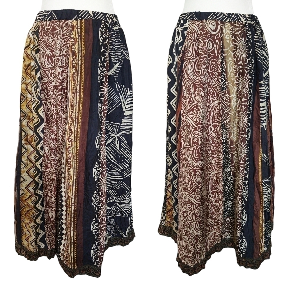 Chico's Silk Boho Abstract Earthy Brown Black Maxi Skirt Sequim Trim Art to Wear